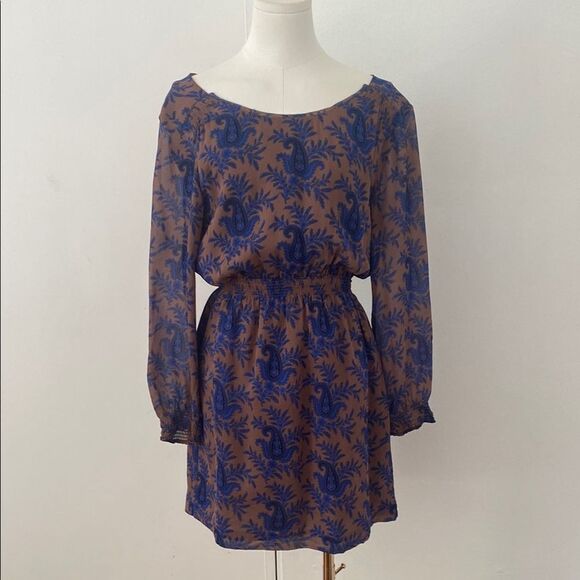 Madewell Broadway & Broome Blue and Brown Silk Paisley Mini Dress Size 6 - Picture 2 of 14